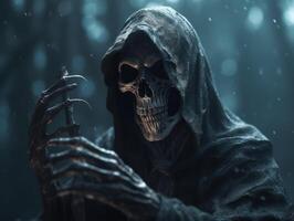 Halloween concept. Scary grim reaper skeleton in the forest Created with technology photo