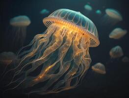 Medusa nada en el Oceano mar creado con generativo ai tecnología foto