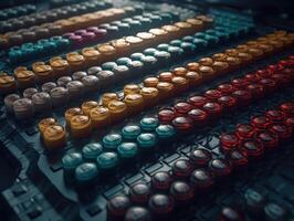 Many colorful pills on a dark background Geometric composition Created with technology photo