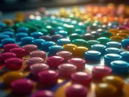 Many colorful pills on a dark background Geometric composition Created with technology photo