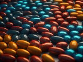 Many colorful pills on a dark background Geometric composition Created with technology photo