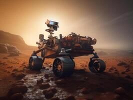 Rover on Mars surface. Exploration of red planet. Created with technology. photo