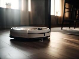 Robotic vacuum cleaner cleaning the floor in the living room. Cleaning service concept. Created with technology. photo