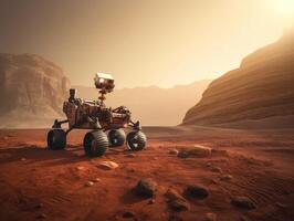 Rover on Mars surface. Exploration of red planet. Created with technology. photo