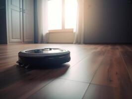 Robotic vacuum cleaner cleaning the floor in the living room. Cleaning service concept. Created with technology. photo