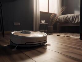 Robotic vacuum cleaner cleaning the floor in the living room. Cleaning service concept. Created with technology. photo