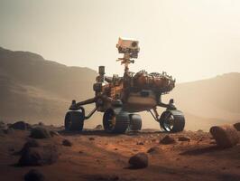 Rover on Mars surface. Exploration of red planet. Created with technology. photo