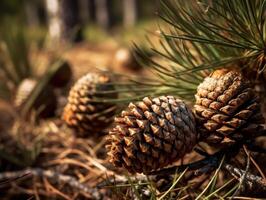 Pine cones in the forest. Selective focus. Created with technology. photo