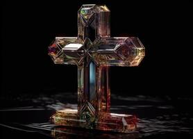 Crystal cross on a black background Created with technology photo