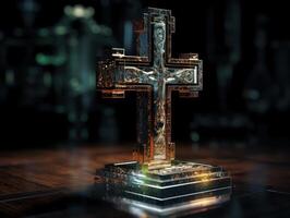 Crystal cross on a black background Created with technology photo