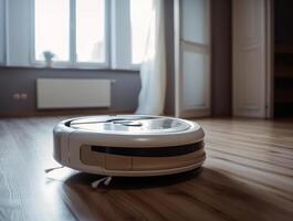 Robotic vacuum cleaner cleaning the floor in the living room. Cleaning service concept. Created with technology. photo