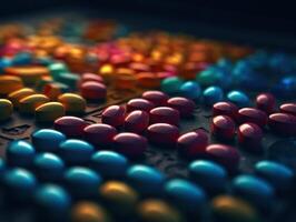 Many colorful pills on a dark background Geometric composition Created with technology photo