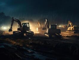 Excavators working on construction site at night. Heavy machinery working on construction site at night created with technology. photo