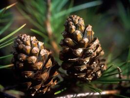 Pine cones in the forest. Selective focus. Created with technology. photo