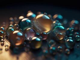 iridiscente perla esferas en un oscuro antecedentes líquido dinámica formas creado con generativo ai tecnología. foto