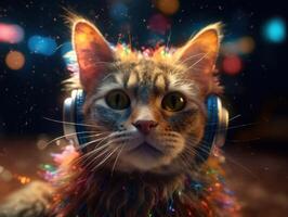 Cat in big headphones enjoys music. Created with technology photo