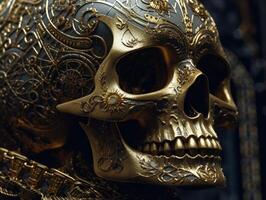 Skull with golden ornament on a dark background Created with technology photo