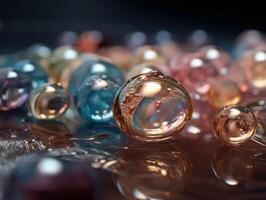 Iridescent pearl spheres on a dark background Liquid dynamic shapes Created with technology. photo