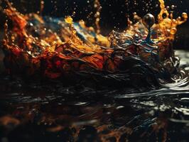 Splashes of colored liquid Oil paint on a dark background Created with technology. photo