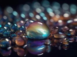 Iridescent pearl spheres on a dark background Liquid dynamic shapes Created with technology. photo