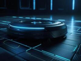 Robotic vacuum cleaner cleaning the floor in the living room. Cleaning service concept. Created with technology. photo