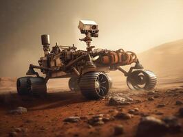 Rover on Mars surface. Exploration of red planet. Created with technology. photo