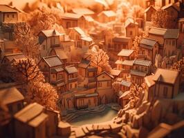 Colorful papercraft medieval city paper cut terrain background created with technology. photo