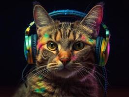 Cat in big headphones enjoys music. Created with technology photo