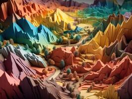 Colorful paper cut terrain mountains background created with technology. photo