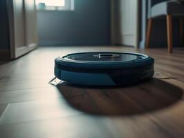 Robotic vacuum cleaner cleaning the floor in the living room. Cleaning service concept. Created with technology. photo