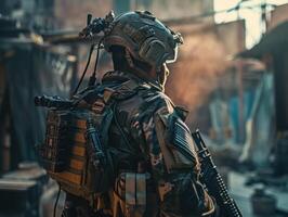 United States Army Special forces soldier in uniform and helmet with assault rifle Created with technology photo