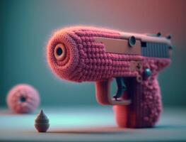 Knitted toy pink gun on a blue background created with technology. photo