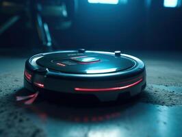 Robotic vacuum cleaner cleaning the floor in the living room. Cleaning service concept. Created with technology. photo