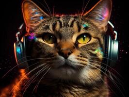 Cat in big headphones enjoys music. Created with technology photo