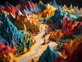 Colorful paper cut terrain mountains background created with technology. photo