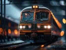 tren en el ferrocarril pistas a noche en el lluvia. el concepto de viajar. creado con generativo ai tecnología. foto