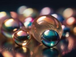 Iridescent pearl spheres on a dark background Liquid dynamic shapes Created with technology. photo