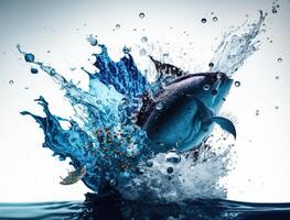 Splash of blue water with flying fish created with technology. photo