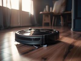 Robotic vacuum cleaner cleaning the floor in the living room. Cleaning service concept. Created with technology. photo