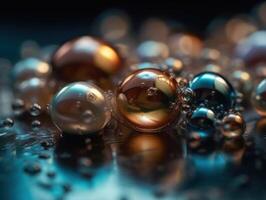 Iridescent pearl spheres on a dark background Liquid dynamic shapes Created with technology. photo