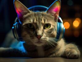 Cat in big headphones enjoys music. Created with technology photo