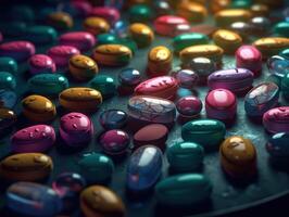 Many colorful pills on a dark background Geometric composition Created with technology photo