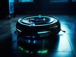 Robotic vacuum cleaner cleaning the floor in the living room. Cleaning service concept. Created with technology. photo