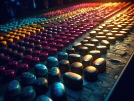 Many colorful pills on a dark background Geometric composition Created with technology photo