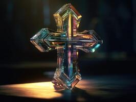 Crystal cross on a black background Created with technology photo