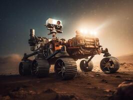 Rover on Mars surface. Exploration of red planet. Created with technology. photo