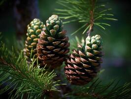 Pine cones in the forest. Selective focus. Created with Generative AI technology. photo