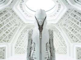 un futurista hembra maniquí en un blanco vestir y máscara soportes en un futurista blanco habitación interior simétrico composición creado con generativo ai tecnología foto