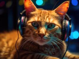 Cat in big headphones enjoys music. Created with technology photo