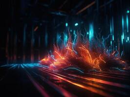 Neon lights wavy lines on dark background Created with technology. photo